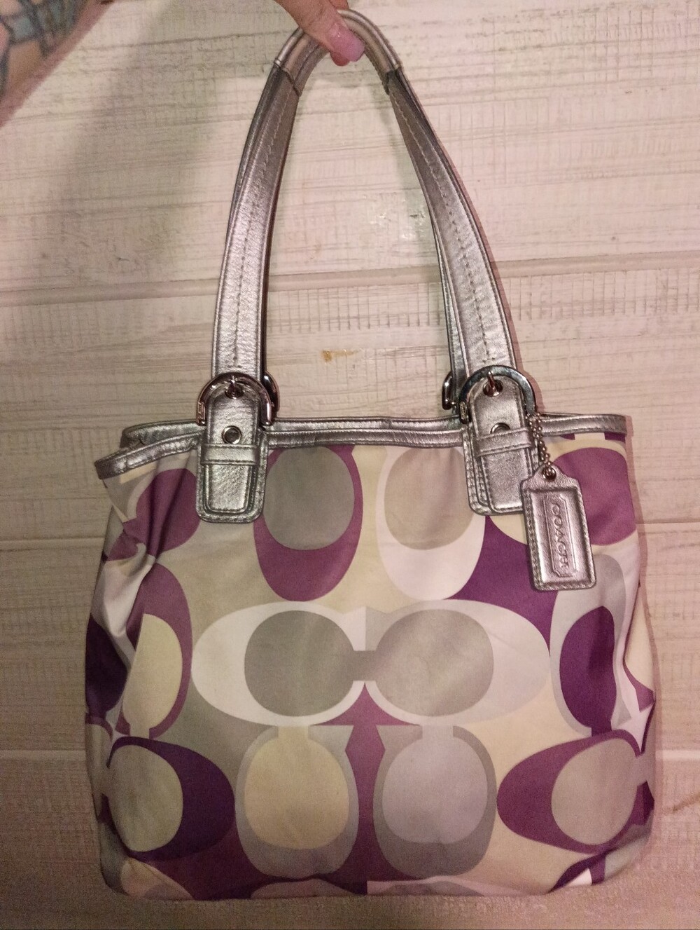 Coach Purple Multi Signature Tote with Silver Handles